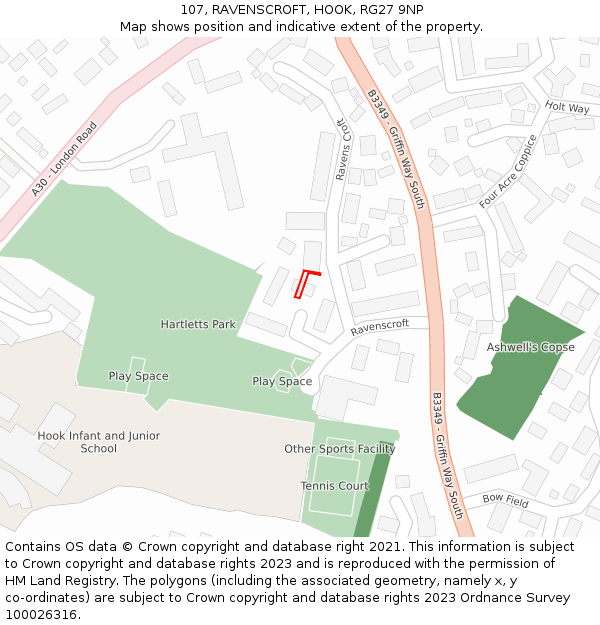107, RAVENSCROFT, HOOK, RG27 9NP: Location map and indicative extent of plot