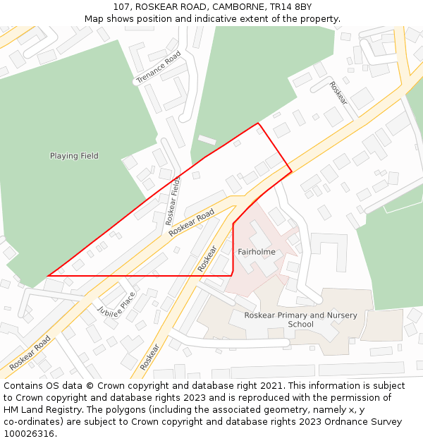 107, ROSKEAR ROAD, CAMBORNE, TR14 8BY: Location map and indicative extent of plot