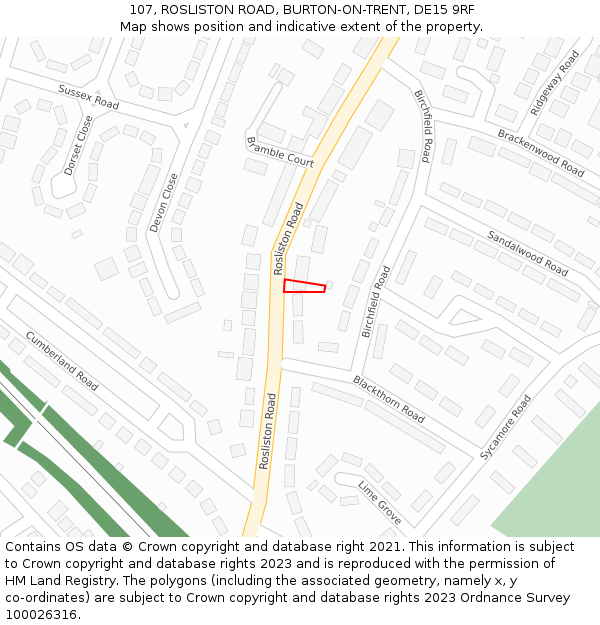 107, ROSLISTON ROAD, BURTON-ON-TRENT, DE15 9RF: Location map and indicative extent of plot