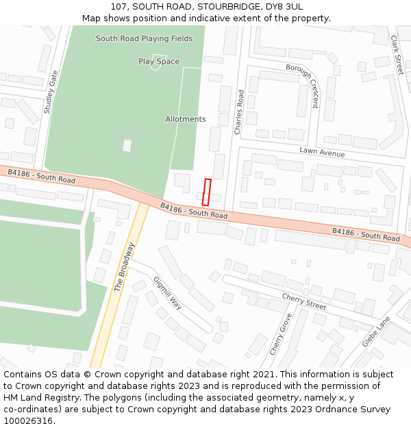 107, SOUTH ROAD, STOURBRIDGE, DY8 3UL: Location map and indicative extent of plot
