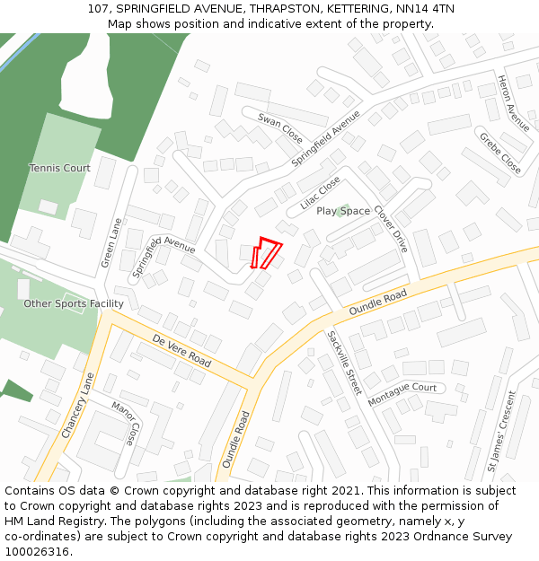 107, SPRINGFIELD AVENUE, THRAPSTON, KETTERING, NN14 4TN: Location map and indicative extent of plot