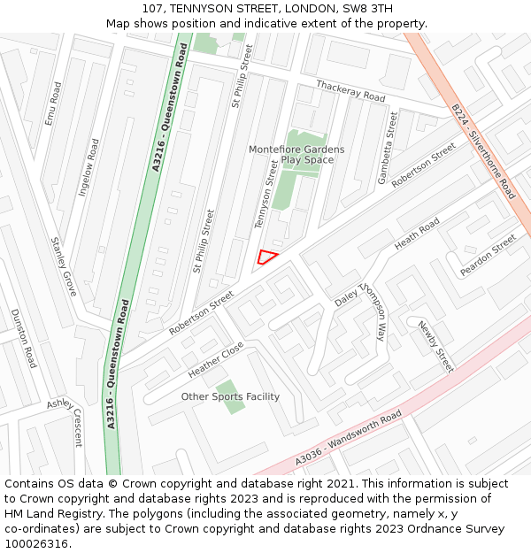 107, TENNYSON STREET, LONDON, SW8 3TH: Location map and indicative extent of plot