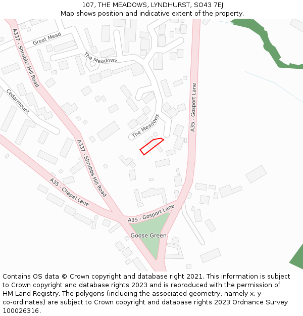 107, THE MEADOWS, LYNDHURST, SO43 7EJ: Location map and indicative extent of plot