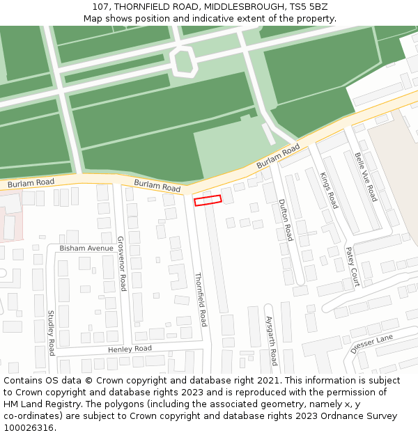 107, THORNFIELD ROAD, MIDDLESBROUGH, TS5 5BZ: Location map and indicative extent of plot