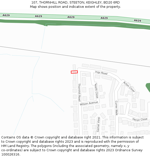 107, THORNHILL ROAD, STEETON, KEIGHLEY, BD20 6RD: Location map and indicative extent of plot