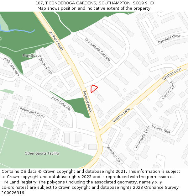 107, TICONDEROGA GARDENS, SOUTHAMPTON, SO19 9HD: Location map and indicative extent of plot