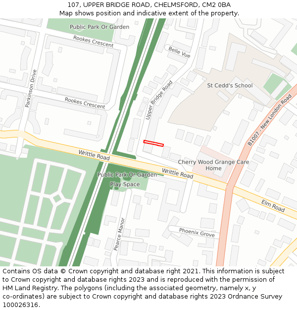 107, UPPER BRIDGE ROAD, CHELMSFORD, CM2 0BA: Location map and indicative extent of plot