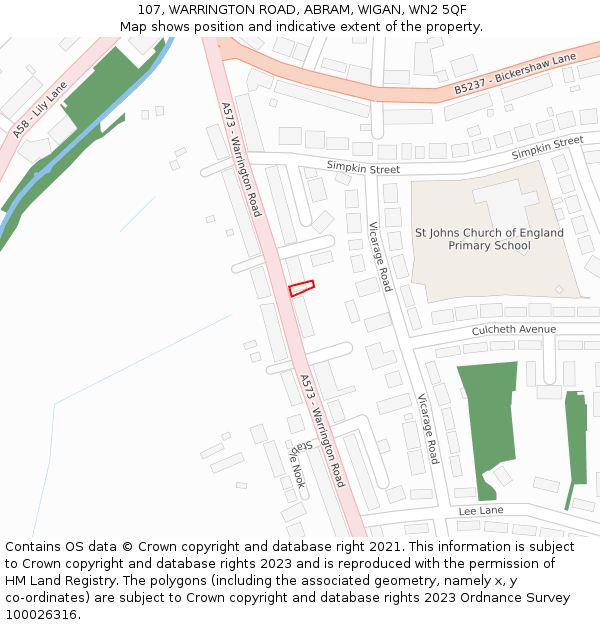 107, WARRINGTON ROAD, ABRAM, WIGAN, WN2 5QF: Location map and indicative extent of plot