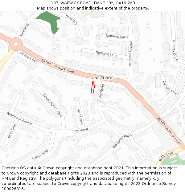 107, WARWICK ROAD, BANBURY, OX16 2AR: Location map and indicative extent of plot