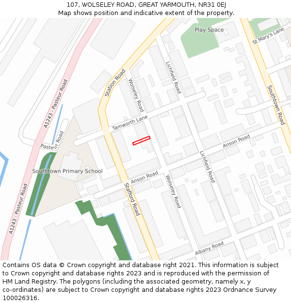 107, WOLSELEY ROAD, GREAT YARMOUTH, NR31 0EJ: Location map and indicative extent of plot