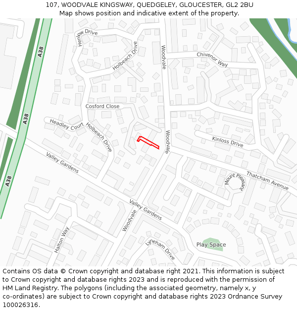 107, WOODVALE KINGSWAY, QUEDGELEY, GLOUCESTER, GL2 2BU: Location map and indicative extent of plot