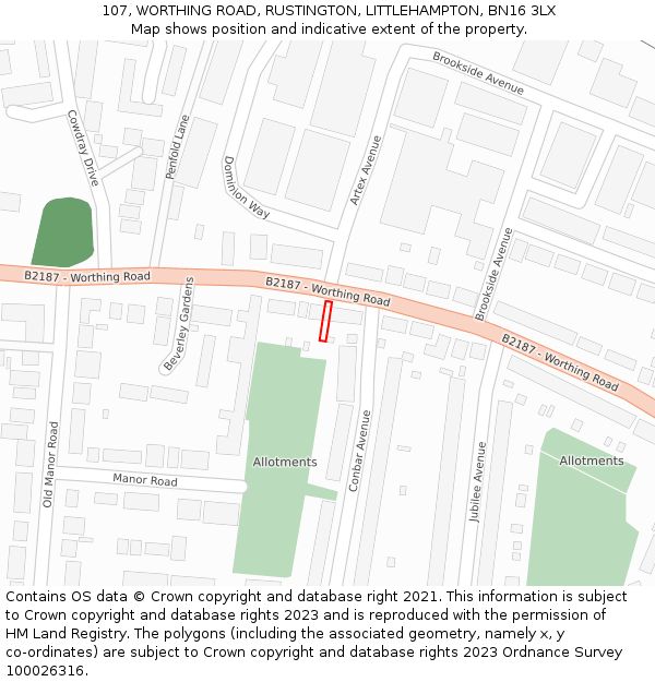 107, WORTHING ROAD, RUSTINGTON, LITTLEHAMPTON, BN16 3LX: Location map and indicative extent of plot