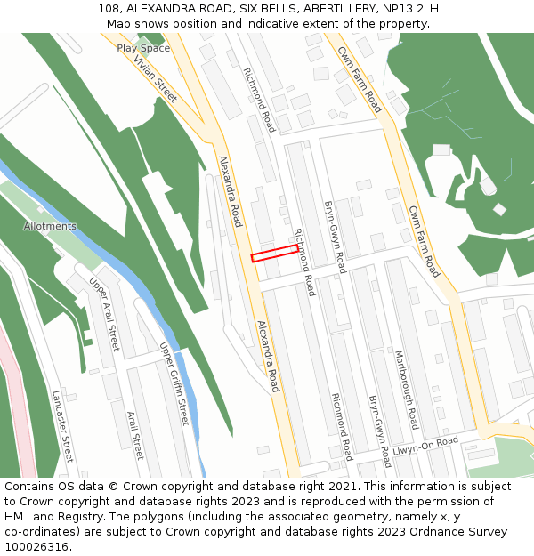 108, ALEXANDRA ROAD, SIX BELLS, ABERTILLERY, NP13 2LH: Location map and indicative extent of plot