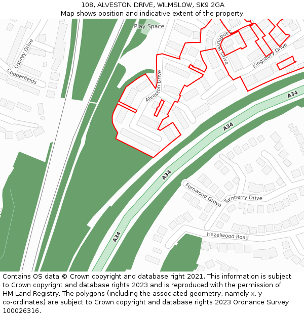 108, ALVESTON DRIVE, WILMSLOW, SK9 2GA: Location map and indicative extent of plot