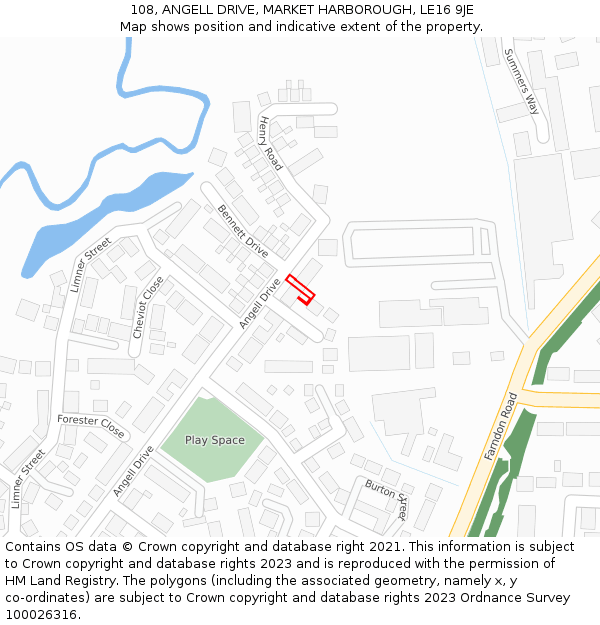 108, ANGELL DRIVE, MARKET HARBOROUGH, LE16 9JE: Location map and indicative extent of plot