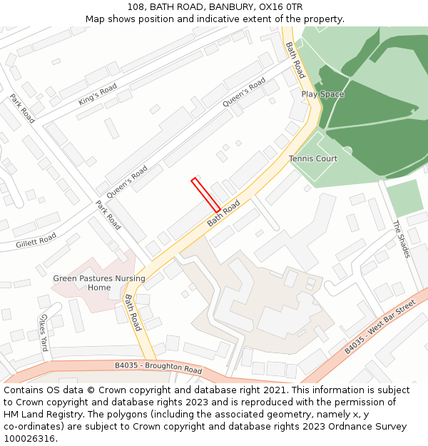 108, BATH ROAD, BANBURY, OX16 0TR: Location map and indicative extent of plot