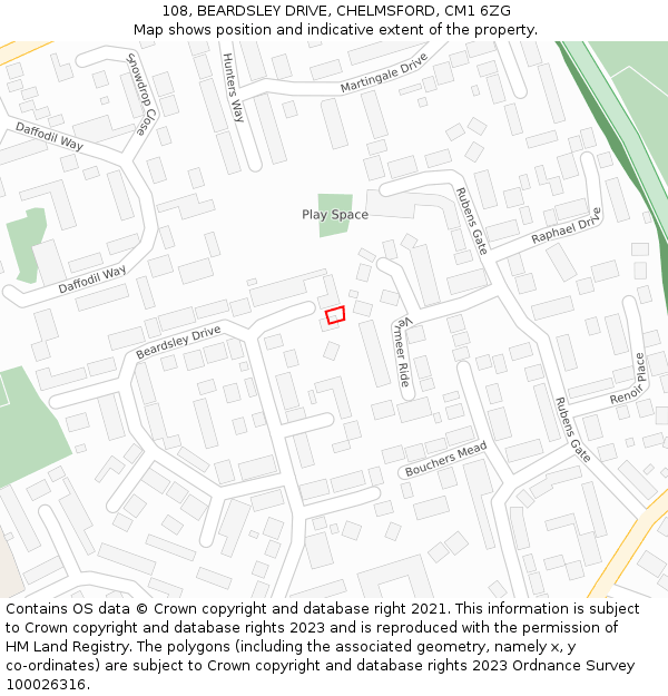 108, BEARDSLEY DRIVE, CHELMSFORD, CM1 6ZG: Location map and indicative extent of plot