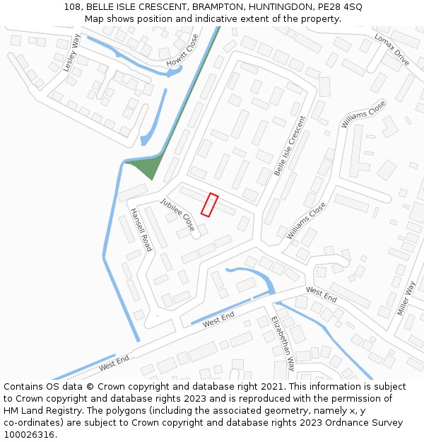 108, BELLE ISLE CRESCENT, BRAMPTON, HUNTINGDON, PE28 4SQ: Location map and indicative extent of plot