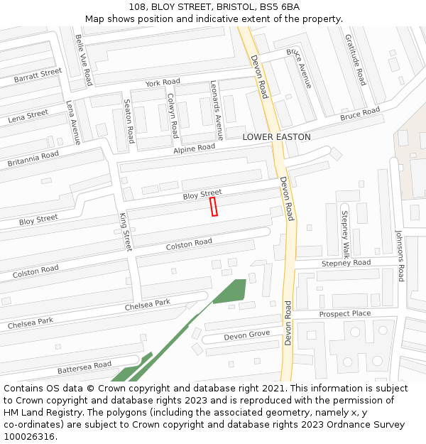 108, BLOY STREET, BRISTOL, BS5 6BA: Location map and indicative extent of plot