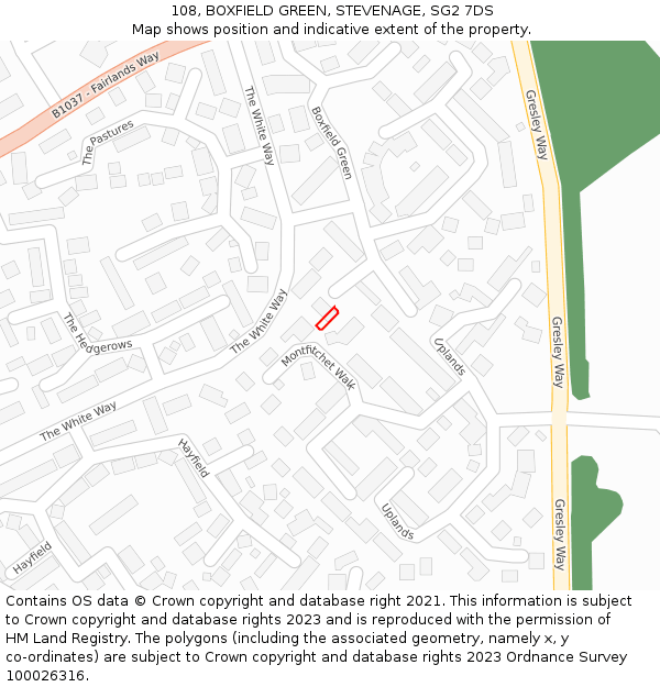 108, BOXFIELD GREEN, STEVENAGE, SG2 7DS: Location map and indicative extent of plot