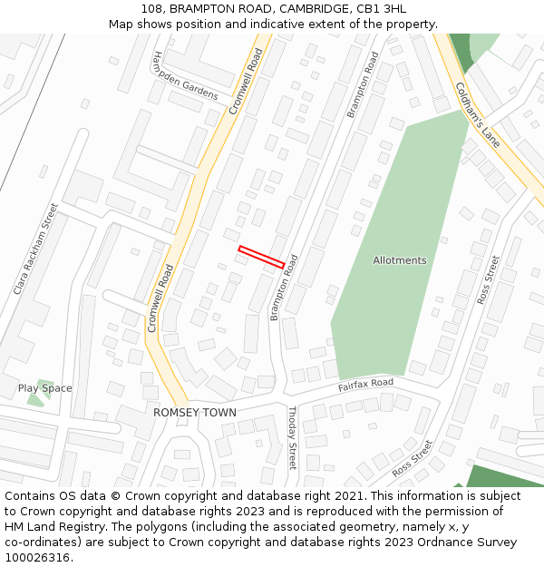 108, BRAMPTON ROAD, CAMBRIDGE, CB1 3HL: Location map and indicative extent of plot
