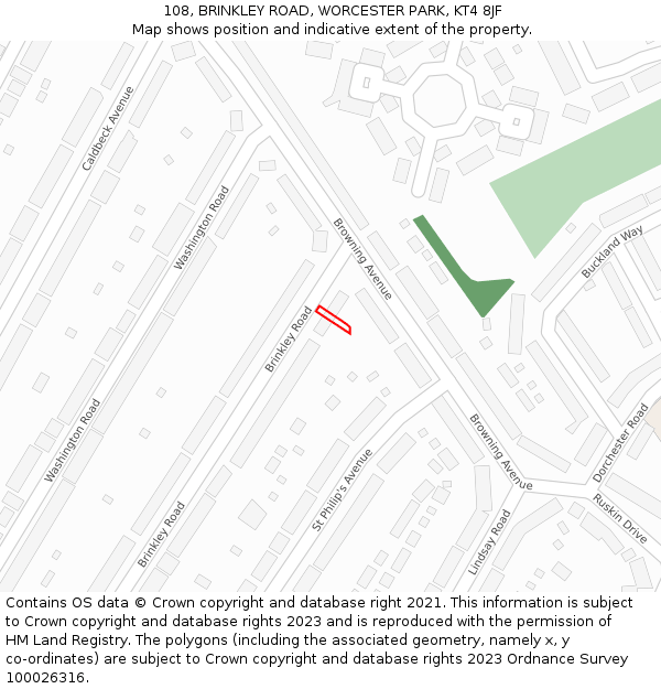 108, BRINKLEY ROAD, WORCESTER PARK, KT4 8JF: Location map and indicative extent of plot