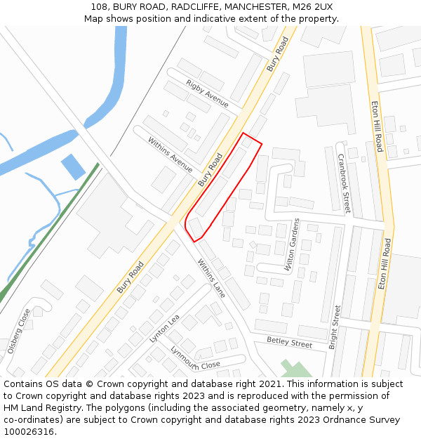 108, BURY ROAD, RADCLIFFE, MANCHESTER, M26 2UX: Location map and indicative extent of plot