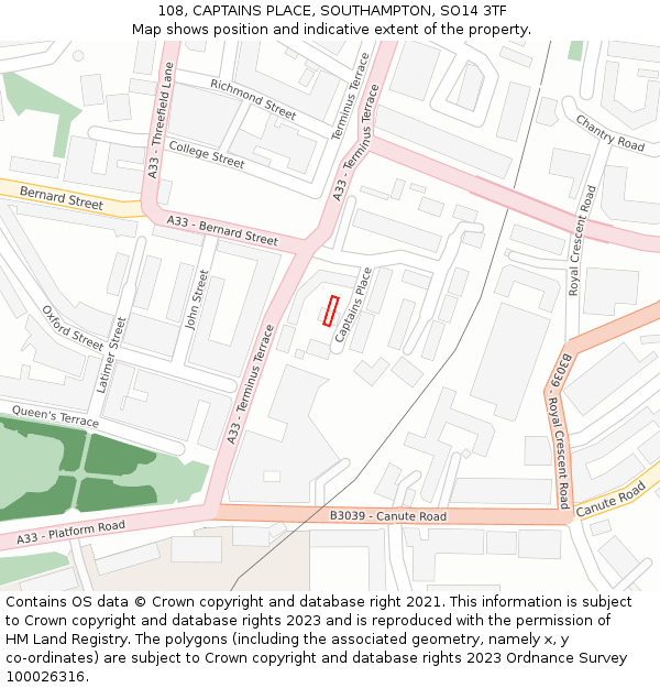 108, CAPTAINS PLACE, SOUTHAMPTON, SO14 3TF: Location map and indicative extent of plot