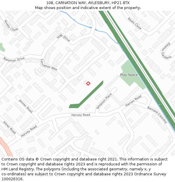 108, CARNATION WAY, AYLESBURY, HP21 8TX: Location map and indicative extent of plot