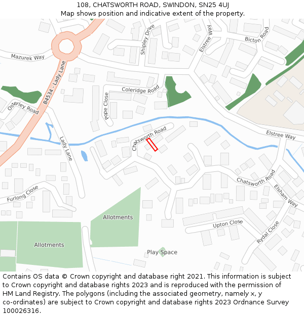 108, CHATSWORTH ROAD, SWINDON, SN25 4UJ: Location map and indicative extent of plot