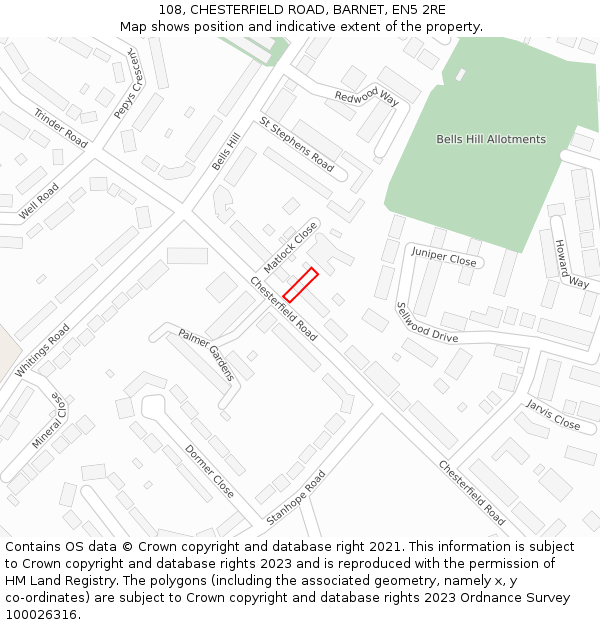 108, CHESTERFIELD ROAD, BARNET, EN5 2RE: Location map and indicative extent of plot