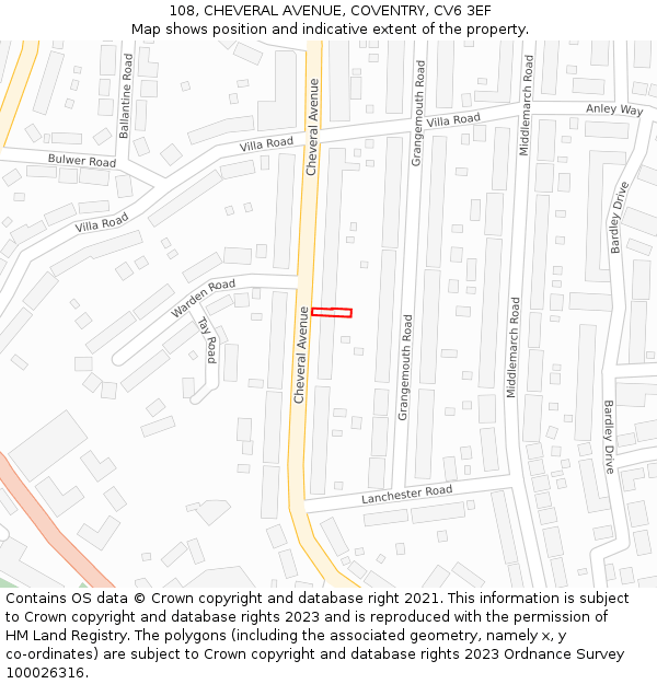 108, CHEVERAL AVENUE, COVENTRY, CV6 3EF: Location map and indicative extent of plot