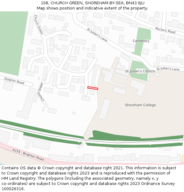 108, CHURCH GREEN, SHOREHAM-BY-SEA, BN43 6JU: Location map and indicative extent of plot