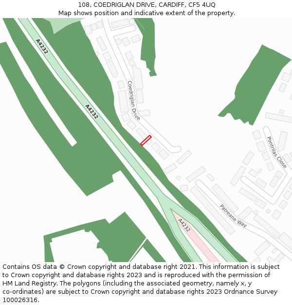 108, COEDRIGLAN DRIVE, CARDIFF, CF5 4UQ: Location map and indicative extent of plot