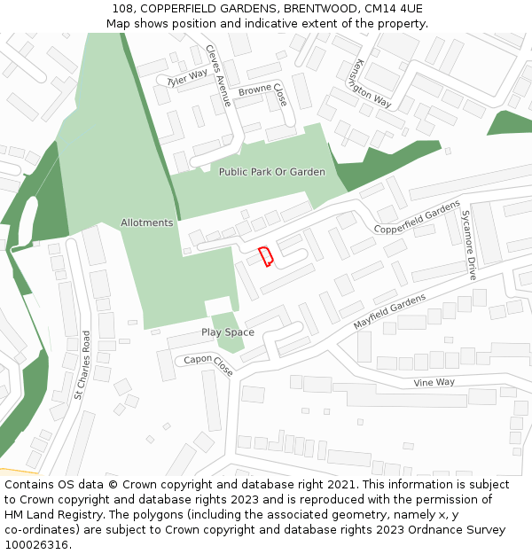 108, COPPERFIELD GARDENS, BRENTWOOD, CM14 4UE: Location map and indicative extent of plot