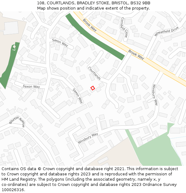 108, COURTLANDS, BRADLEY STOKE, BRISTOL, BS32 9BB: Location map and indicative extent of plot