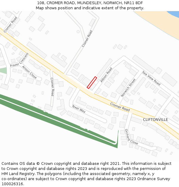 108, CROMER ROAD, MUNDESLEY, NORWICH, NR11 8DF: Location map and indicative extent of plot