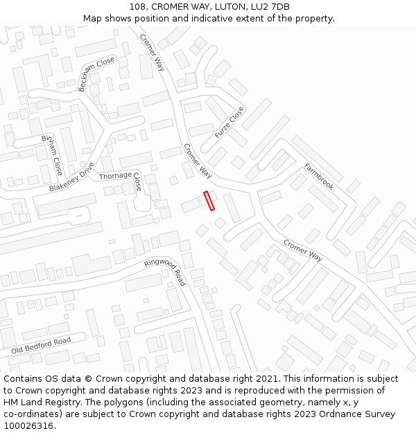 108, CROMER WAY, LUTON, LU2 7DB: Location map and indicative extent of plot