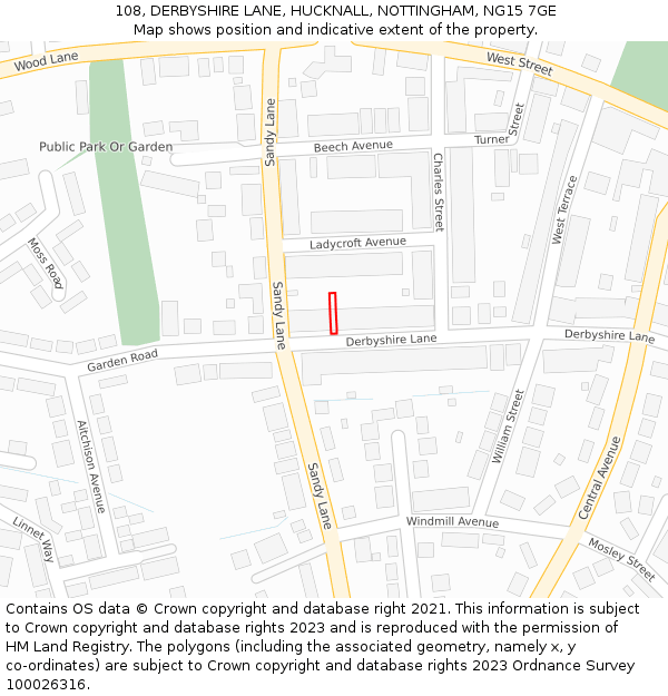 108, DERBYSHIRE LANE, HUCKNALL, NOTTINGHAM, NG15 7GE: Location map and indicative extent of plot