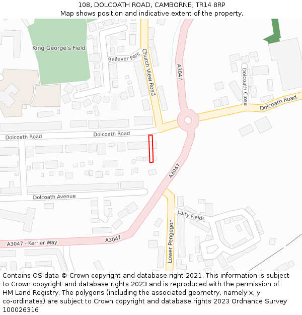 108, DOLCOATH ROAD, CAMBORNE, TR14 8RP: Location map and indicative extent of plot