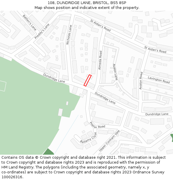108, DUNDRIDGE LANE, BRISTOL, BS5 8SP: Location map and indicative extent of plot