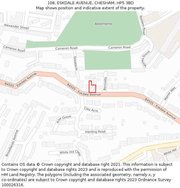 108, ESKDALE AVENUE, CHESHAM, HP5 3BD: Location map and indicative extent of plot