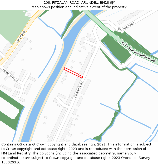 108, FITZALAN ROAD, ARUNDEL, BN18 9JY: Location map and indicative extent of plot