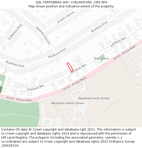 108, FORTINBRAS WAY, CHELMSFORD, CM2 9PA: Location map and indicative extent of plot