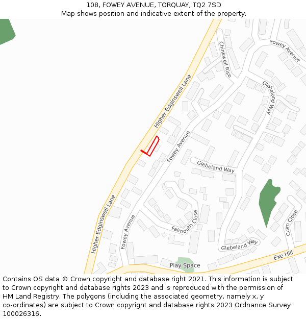 108, FOWEY AVENUE, TORQUAY, TQ2 7SD: Location map and indicative extent of plot