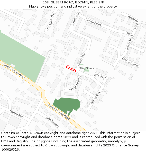 108, GILBERT ROAD, BODMIN, PL31 2FF: Location map and indicative extent of plot