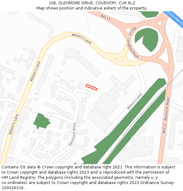108, GLENMORE DRIVE, COVENTRY, CV6 6LZ: Location map and indicative extent of plot