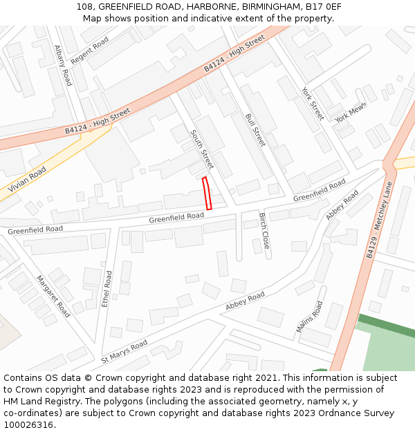 108, GREENFIELD ROAD, HARBORNE, BIRMINGHAM, B17 0EF: Location map and indicative extent of plot