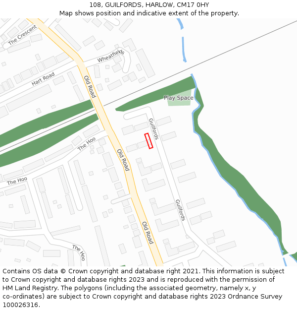 108, GUILFORDS, HARLOW, CM17 0HY: Location map and indicative extent of plot