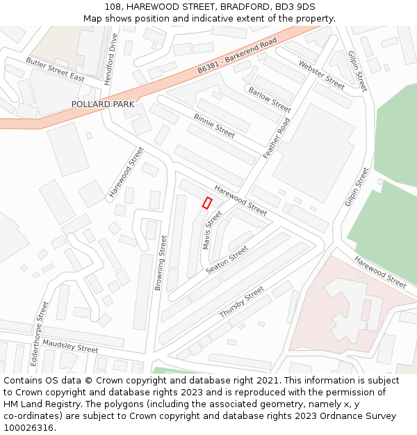 108, HAREWOOD STREET, BRADFORD, BD3 9DS: Location map and indicative extent of plot